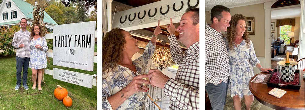Left: Kate and James have a glass of champagne for their tenth anniversary in front of the barn at Hardy Farm. Center: Kate and James cheers under their Lucky in Love horseshoe commemorating their 2013 Wedding. Right: Kate and James smile at a wedding photo